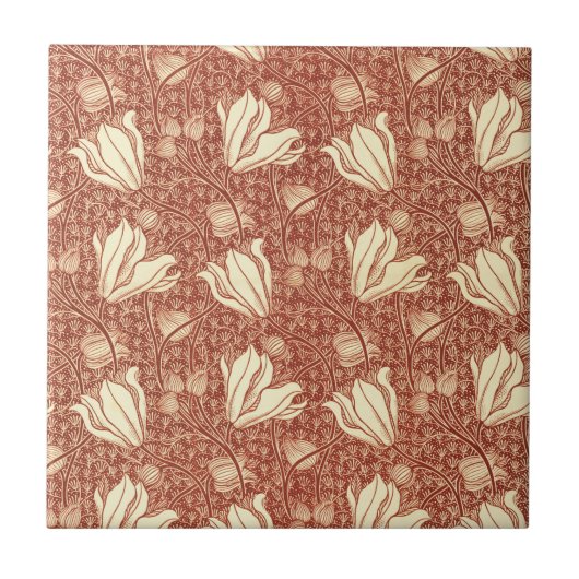 Morris Inspired Victorian Red Lily Floral Textile Tegeltje (Voorkant)