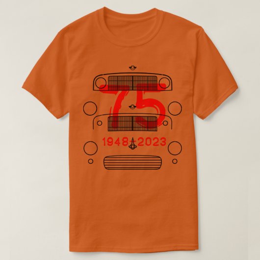 Morris Minor klassieke auto's evolutie 75e verjaar T-shirt (Design voorkant)
