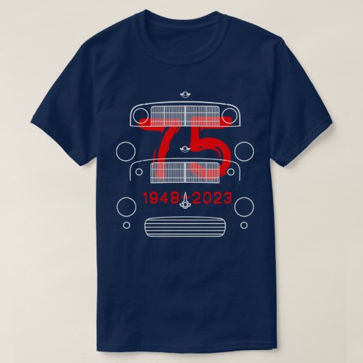 Morris Minor klassieke auto's evolutie 75e verjaar T-shirt (Design voorkant)
