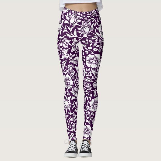 Morris Paarse & Witte Bloempatroon Leggings (Voorkant)