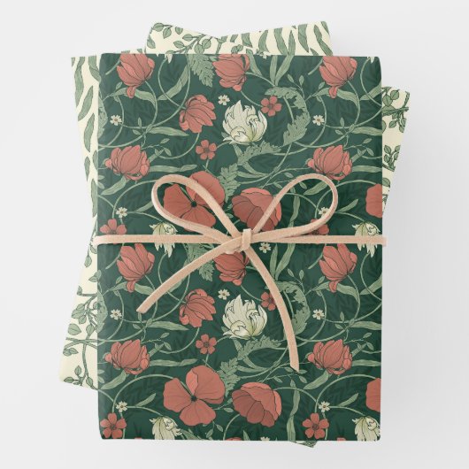 Morris Park Red en Green Floral Demask Inpakpapier Vel (In situ)