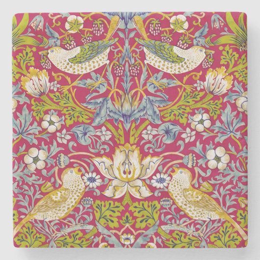 Morris Red Achtergrond Strawberry Thief Patroon Stenen Onderzetter (Voorkant)