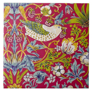 Morris Red Achtergrond Strawberry Thief Patroon Tegeltje