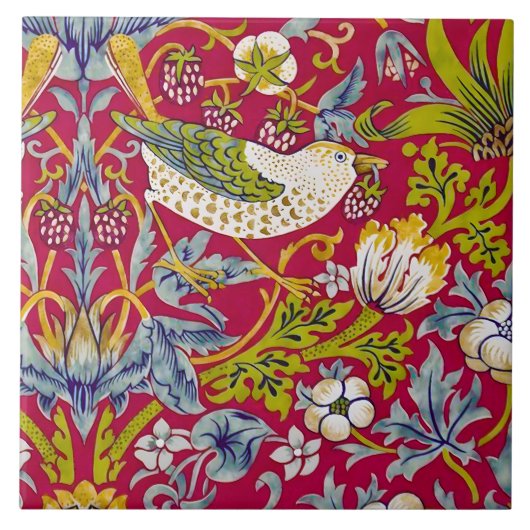 Morris Red Achtergrond Strawberry Thief Patroon Tegeltje (Voorkant)