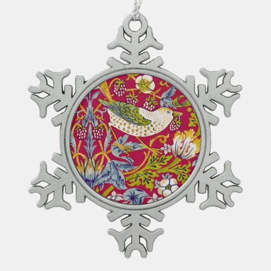 Morris Red Achtergrond Strawberry Thief Patroon Tin Sneeuwvlok Ornament (Voorkant)