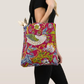 Morris Red Achtergrond Strawberry Thief Patroon Tote Bag (Dichtbij)