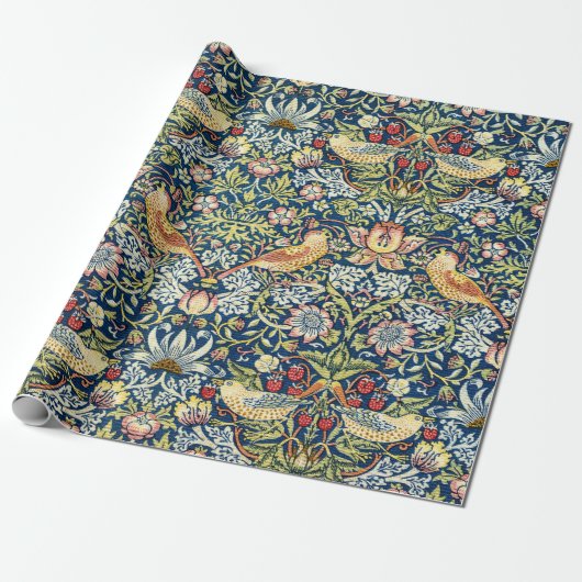 Morris Strawberry Thief Geel Ivoor Leisteenblauw Cadeaupapier (Uitgerold)