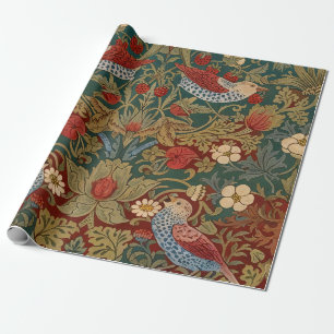 Morris Strawberry Thief Turquoise Groen Rood Bloem Cadeaupapier