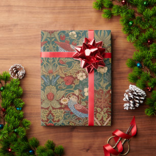 Morris Strawberry Thief Turquoise Groen Rood Bloem Cadeaupapier