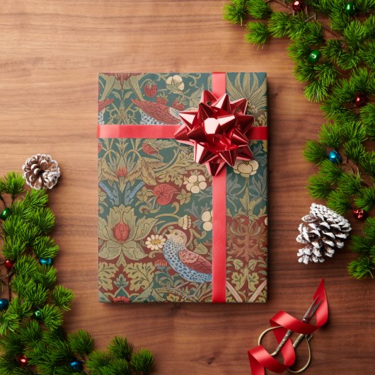 Morris Strawberry Thief Turquoise Groen Rood Bloem Cadeaupapier (Feestdagen Geschenken)