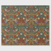 Morris Strawberry Thief Turquoise Groen Rood Bloem Cadeaupapier (Vlak)