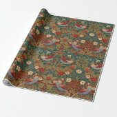 Morris Strawberry Thief Turquoise Groen Rood Bloem Cadeaupapier (Uitgerold)