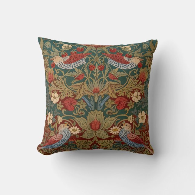 Morris Strawberry Thief Turquoise Groen Rood Bloem Kussen (Voorkant)