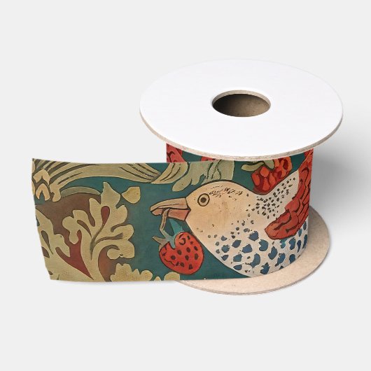 Morris Strawberry Thief Turquoise Groen Rood Bloem Satijnen Lint (Spoel)