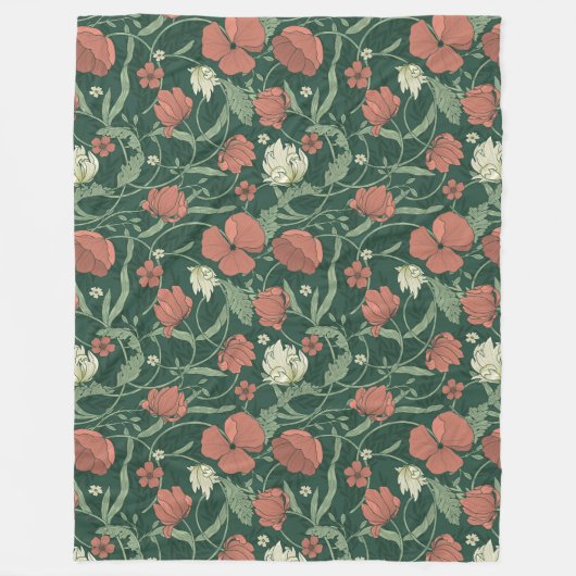 Morris Tuin Groen & Rood Bloemen Fleece Deken (Voorkant)