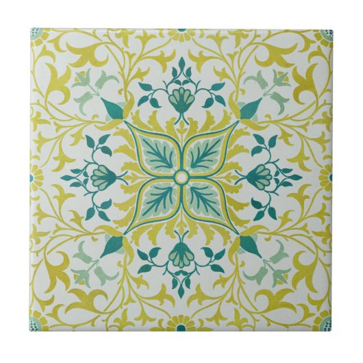 Morris Yellow Turquoise Vine & Bloempatroon Tegeltje (Voorkant)