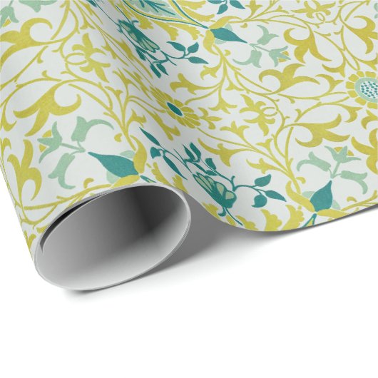 Morris Yellow Turquoise Vine & Flower Pattern Cadeaupapier (Rol Hoek)
