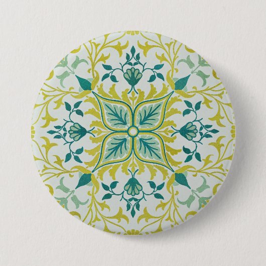 Morris Yellow Turquoise Vine & Flower Pattern Ronde Button 7,6 Cm (Voorkant)