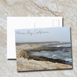 Morro Bay California Coastal Photography Briefkaart<br><div class="desc">A foggy overcast day in Morro Bay California with the ocean waves hitting the rocks on the shore in this beach photograph. This seaside travel photo postcard features black cursive script above the beach rocks and grey sky.</div>