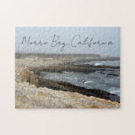 Morro Bay California Ocean Photography Legpuzzel<br><div class="desc">A foggy overcast day in Morro Bay California with the ocean waves hitting the rocks on the shore in this beach photograph souvenir. This seaside travel photo keepsake puzzle gift features black cursive script above the beach rocks and grey sky.</div>