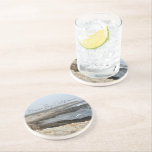 Morro Bay California Ocean Photography Zandsteen Onderzetter<br><div class="desc">A foggy overcast day in Morro Bay California with the ocean waves hitting the rocks on the shore in this beach photograph souvenir. This seaside travel photo keepsake coaster gift features black cursive script above the beach rocks and grey sky.</div>