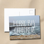 Morro Bay California Ocean Waves Photography Briefkaart<br><div class="desc">A gorgeous overcast day in Morro Bay California brings cool ocean waves to the shore in this coastal photograph. This pretty seaside photo features white script over the beach rocks and grey sky.</div>