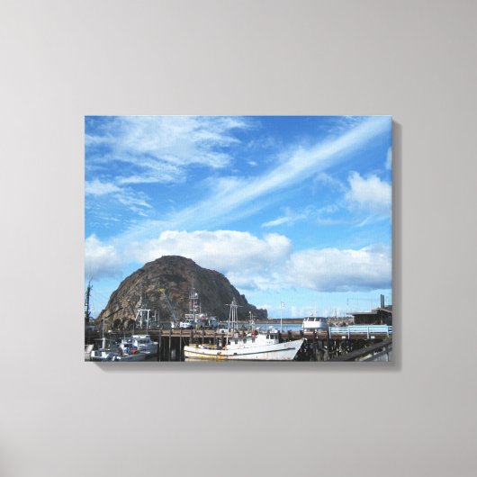 Morro Rock, Vist Boats en de Embarcadero Canvas Afdruk (Voorkant)