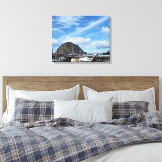 Morro Rock, Vist Boats en de Embarcadero Canvas Afdruk (Insitu (Slaapkamer))