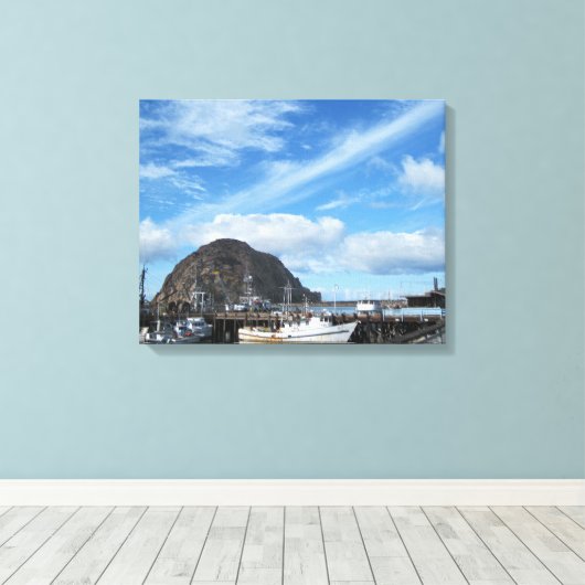 Morro Rock, Vist Boats en de Embarcadero Canvas Afdruk (Insitu (Houten vloer))