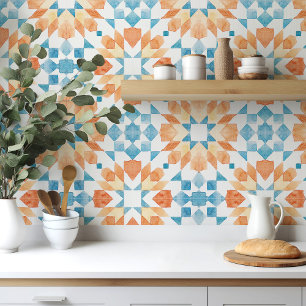 Morrocan waterverf oranje blauwgroen tegeltje