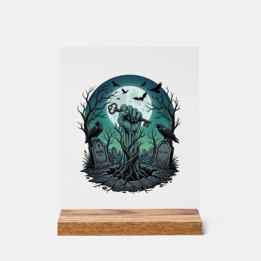 Mors Zombie Hand Skelet Sleutel Grafsteen Ravens H Acryl Bord (Voorkant)