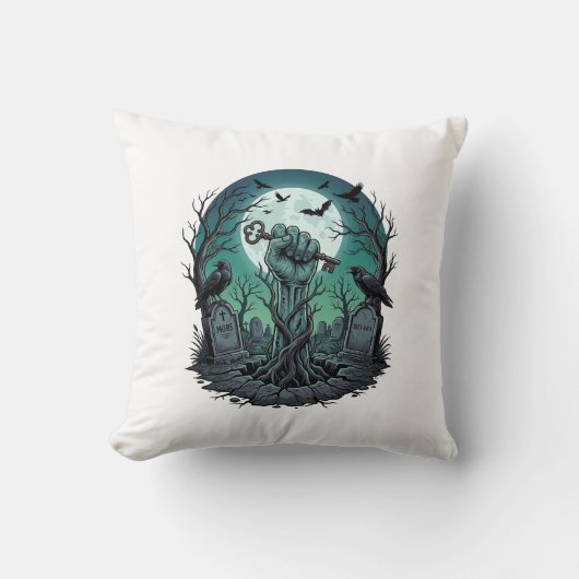 Mors Zombie Hand Skelet Sleutel Grafsteen Ravens H Kussen (Voorkant)
