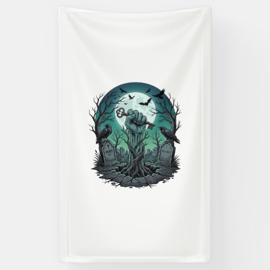 Mors Zombie Hand Skelet Sleutel Grafsteen Ravens H Spandoek (Verticaal)