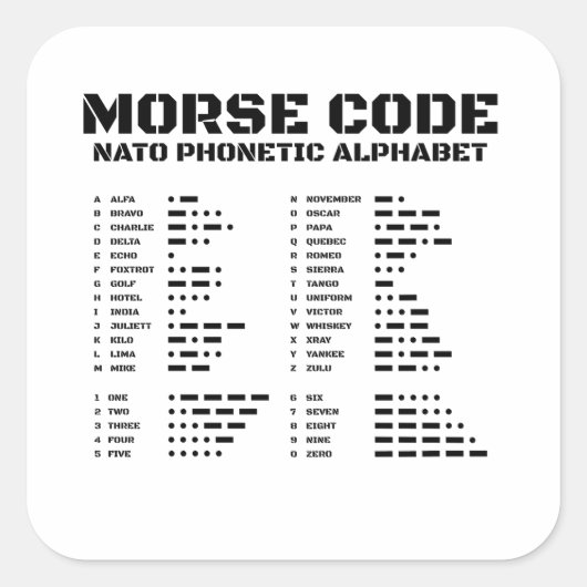 Morse Code NATO Fonetisch Alfabet Chart A Z Vierkante Sticker (Voorkant)