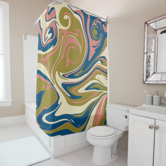 Morsen - Blauw, Olijfgroen, Roze en Cream Douchegordijn (In situ)