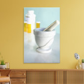 Mortar en pestle, pil flessen op achtergrond canvas afdruk (Insitu (Woonkamer))