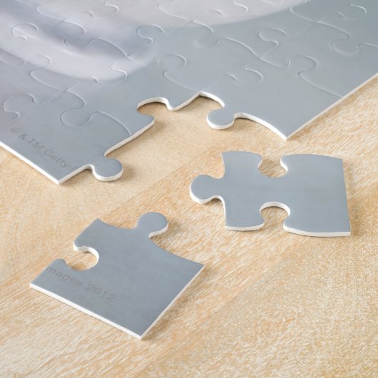 Mortar en pestle, pil flessen op achtergrond legpuzzel (Zijkant)