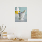 Mortar en Pestle, pil flessen op achtergrond Poster (Keuken)