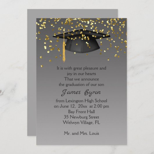 Mortar, gouden confetti op grijs Afstuderen Aankondiging (Voorkant / Achterkant)