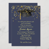 Mortar, gouden confetti over blauw Afstuderen Aankondiging (Voorkant / Achterkant)