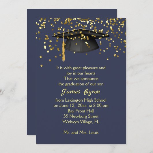 Mortar, gouden confetti over blauw Afstuderen Aankondiging (Voorkant / Achterkant)