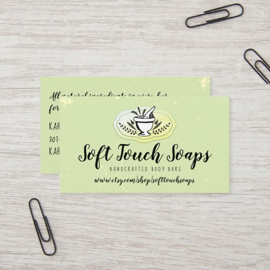 Mortar pestle handgemaakte zeep visitekaartje (Voorkant / Achterkant in situ)