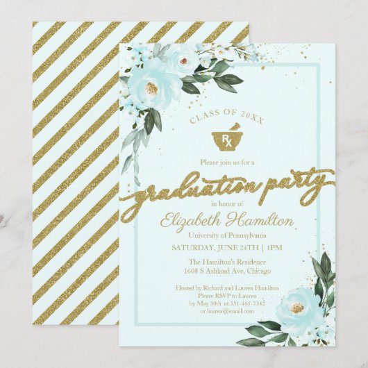 Mortar Pestle Pharmacy Afstudeerder Party Gold Bla Kaart (Voorkant / Achterkant)