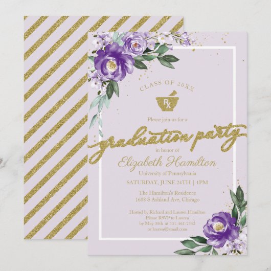 Mortar Pestle Pharmacy Afstudeerder Party Paars Fl Kaart (Voorkant / Achterkant)