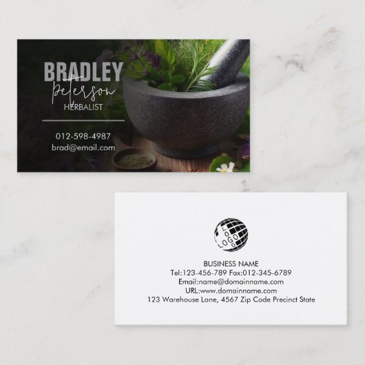 Mortar stamper kruidengeneeskunde kruiden visitekaartje (Voorkant / Achterkant)