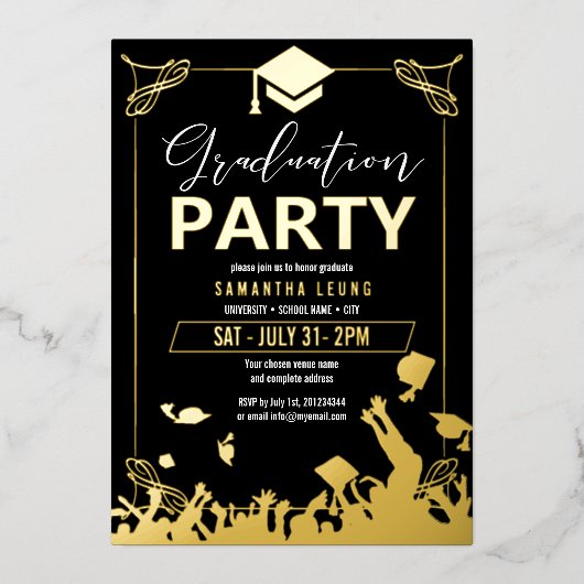 Mortarboard Graduation Party Gold/Black ID895 Folie Uitnodiging (Voorkant)