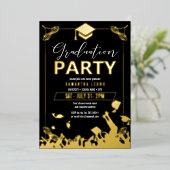 Mortarboard Graduation Party Gold/Black ID895 Folie Uitnodiging (Staand Voorkant)