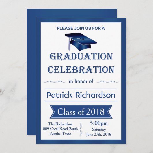 Mortel, blauw & wit Graduation Party Uitnodiging (Voorkant / Achterkant)