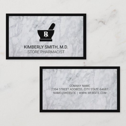 Mortel en stamper | Witte marmeren zwarte rand Visitekaartje (Voorkant / Achterkant)