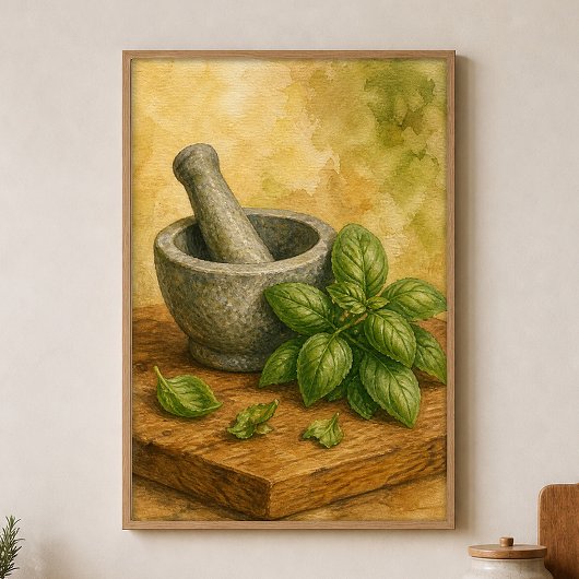 Mortel en Vijzel met Basilicum Waterverfposter Poster